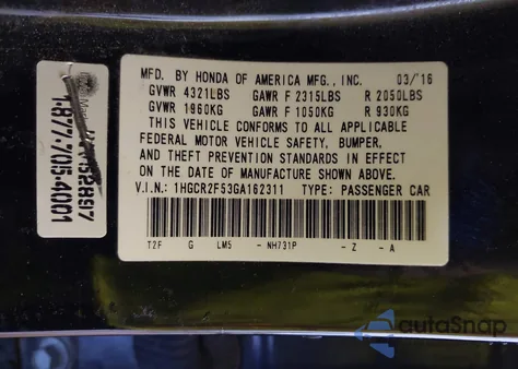 2016 Honda Accord Sport from USA, damaged, VIN 1HGCR2F53GA162311